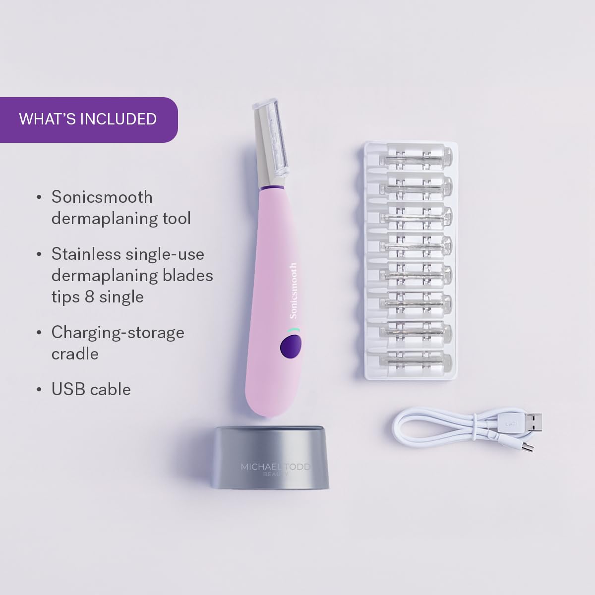 Michael Todd Beauty Sonicsmooth Dermaplane Razor for Women Face + Eyebrow trimmer Dermaplaning System - Peach Fuzz Remover - 8 Weeks of Dermaplaning Blades, Pink13