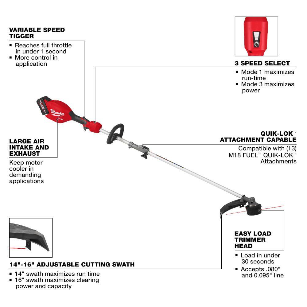 Milwaukee 3016-21ST-49-16-2738 M18 Fuel 18V 16 in. Brushless Cordless Battery Quik-Lok String Trimmer 8.0 Ah FORGE Kit with Brush Cutter Attachment5