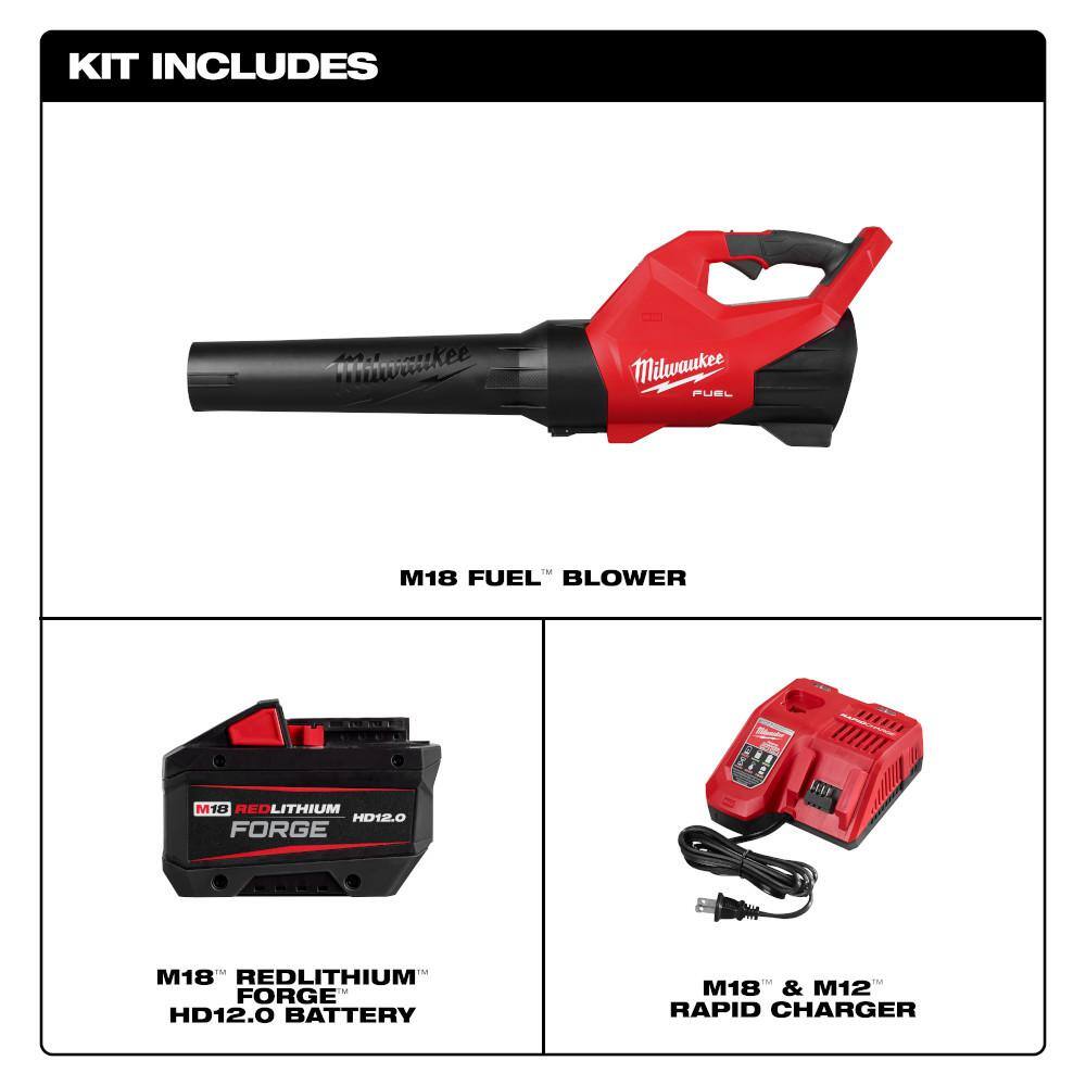 Milwaukee 3017-21HD M18 FUEL 120 MPH 500 CFM 18V Brushless Cordless Battery Powered Leaf Blower Kit w 12.0 Ah FORGE Battery & Rapid Charger3