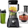 Oster Blender and Food Processor Combo with 3 Settings for Smoothies, Shakes, and Food Chopping, Includes 2 24-Ounce Cups and Lids, Carbon Grey