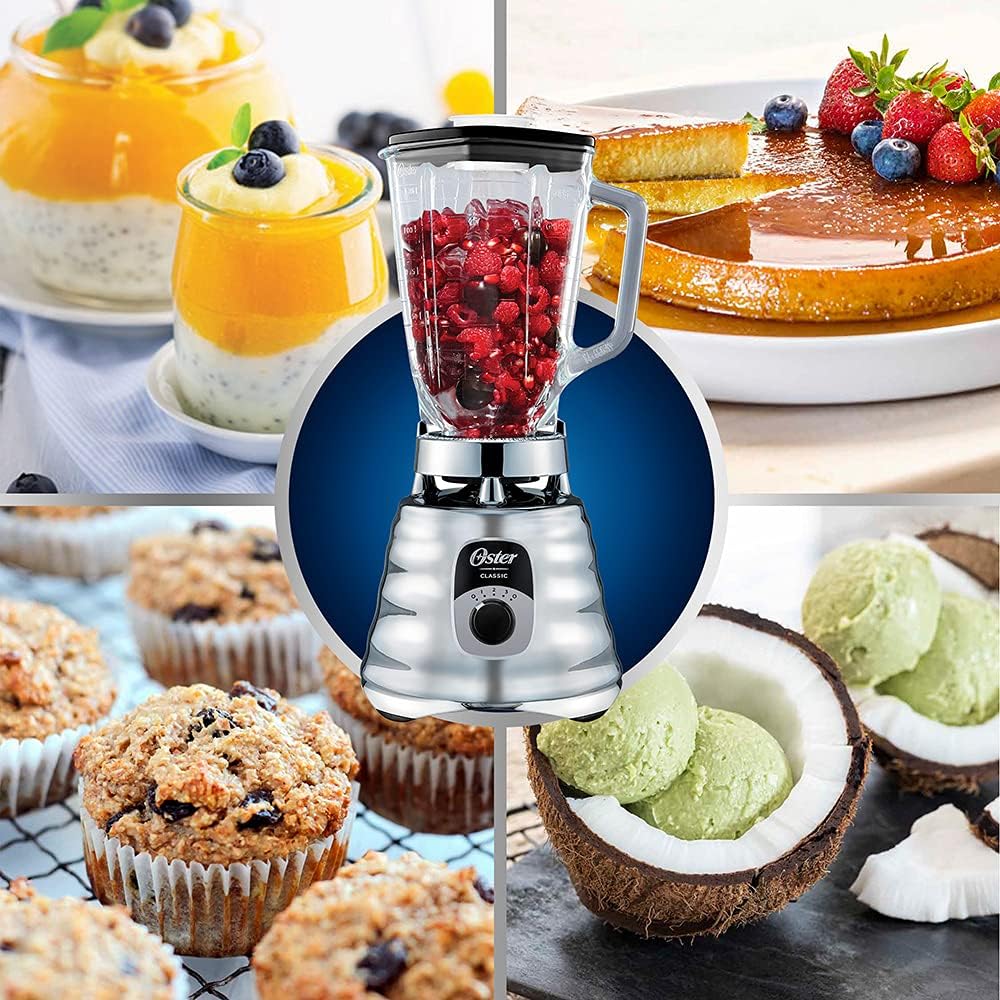 Oster Original 3 Speed Chrome Blender, 6 Times more Durable Motor, 10 Times Stronger, 5 Cup Glass Jar18