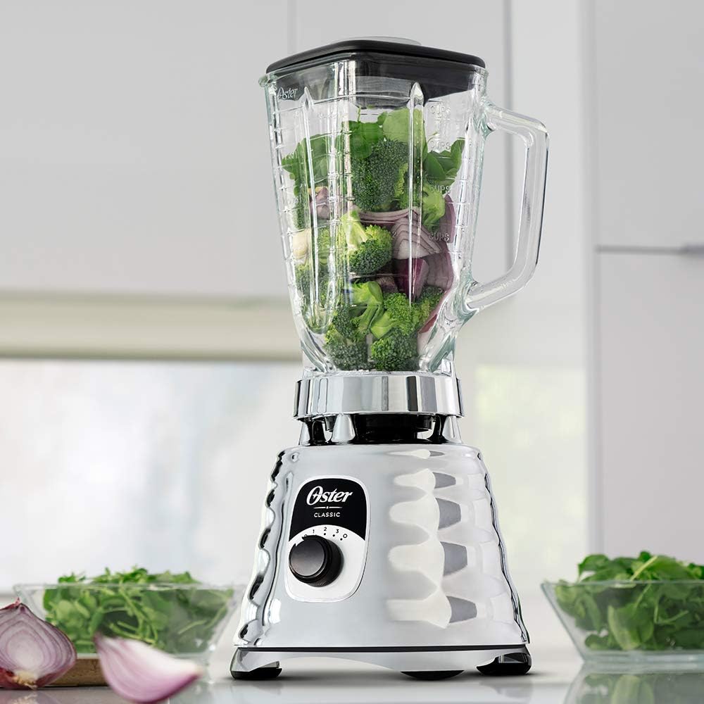 Oster Original 3 Speed Chrome Blender, 6 Times more Durable Motor, 10 Times Stronger, 5 Cup Glass Jar45