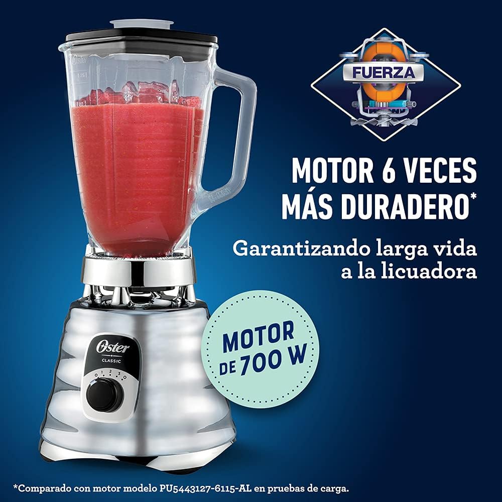 Oster Original 3 Speed Chrome Blender, 6 Times more Durable Motor, 10 Times Stronger, 5 Cup Glass Jar6