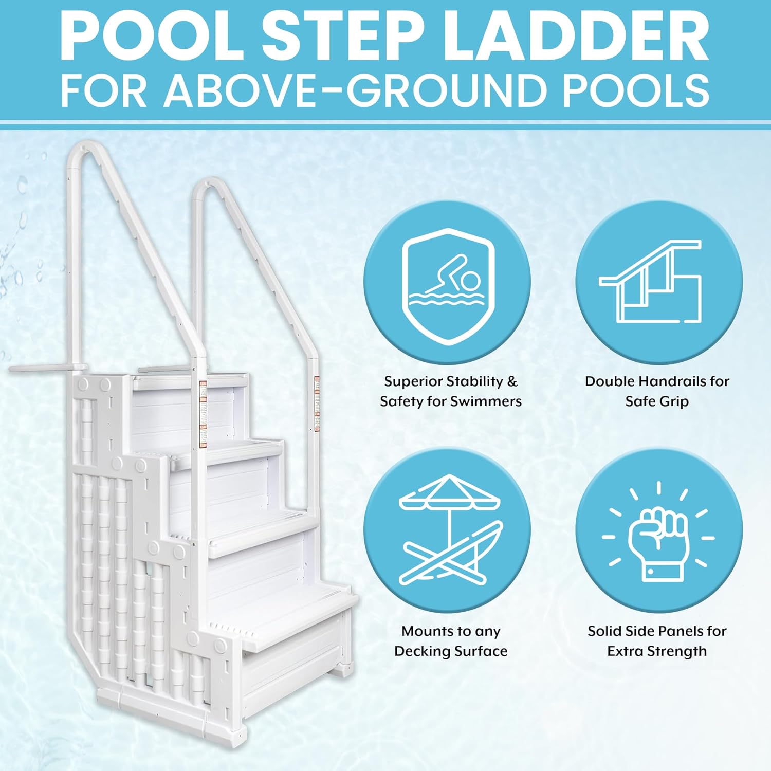 Poolzilla Premium Pool Step Ladder for Above Ground Pools - Deck Mounted Ladder w Double Handrails - for 48’ to 54 in. Above Ground Pools6