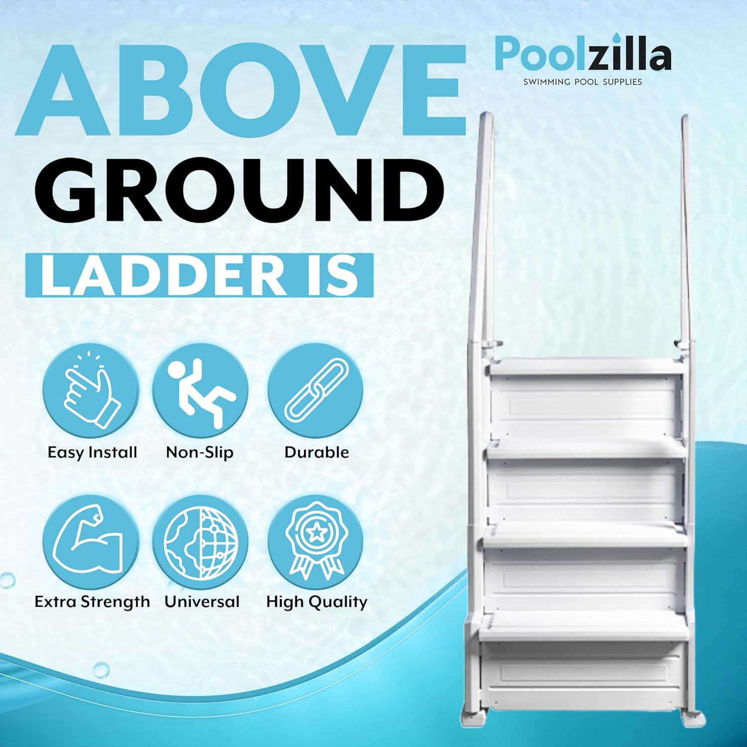 Poolzilla Premium Pool Step Ladder for Above Ground Pools - Deck Mounted Ladder w Double Handrails - for 48’ to 54 in. Above Ground Pools8