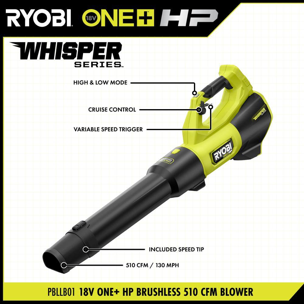 RYOBI PBLLB01B 18V ONE+ HP Brushless Cordless 130 MPH 510 CFM Leaf Blower (Tool Only)3