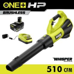 RYOBI PBLLB01K ONE+ HP 18V Brushless Whisper Series 130 MPH 510 CFM Cordless Battery Leaf Blower with 6.0 Ah Battery and Charger