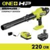 RYOBI PSBLB01K ONE+ HP 18V Brushless Cordless 220 CFM 140 MPH Compact Leaf Blower with 4.0 Ah Battery & Charger