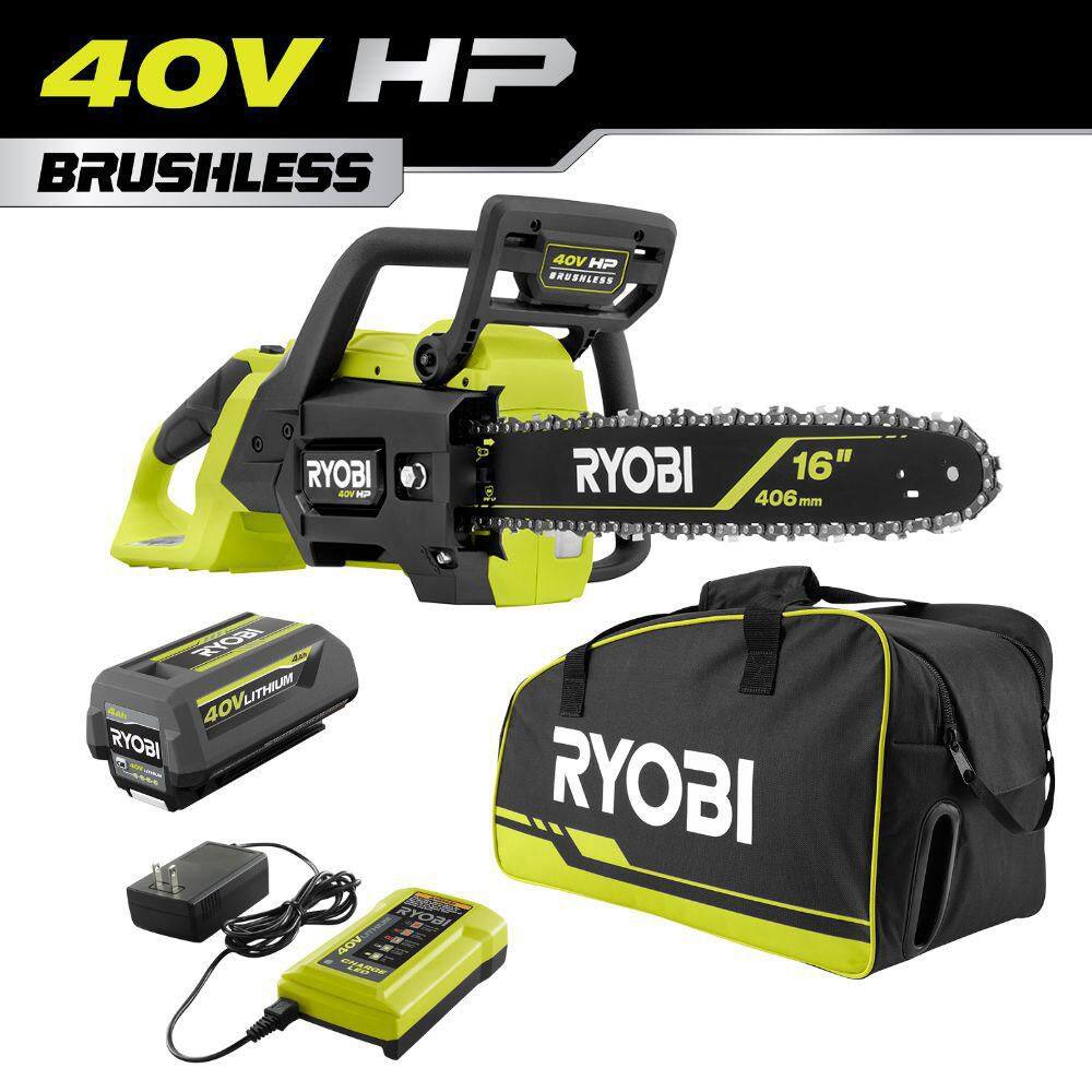 RYOBI RY40HPCW02K-A48CW01 40V HP Brushless 16 in. Battery Chainsaw with Universal Chainsaw Bag, 4.0 Ah Battery and Charger RYOBI RY40HPCW02K-A48CW01 40V HP Brushless 16 in. Battery Chainsaw with Universal Chainsaw Bag, 4.0 Ah Battery and Charger
