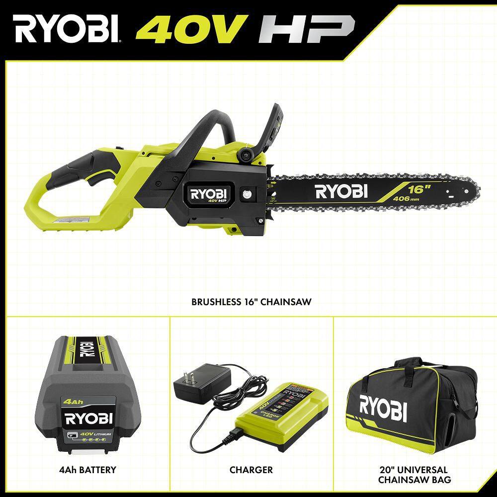RYOBI RY40HPCW02K-A48CW01 40V HP Brushless 16 in. Battery Chainsaw with Universal Chainsaw Bag, 4.0 Ah Battery and Charger1
