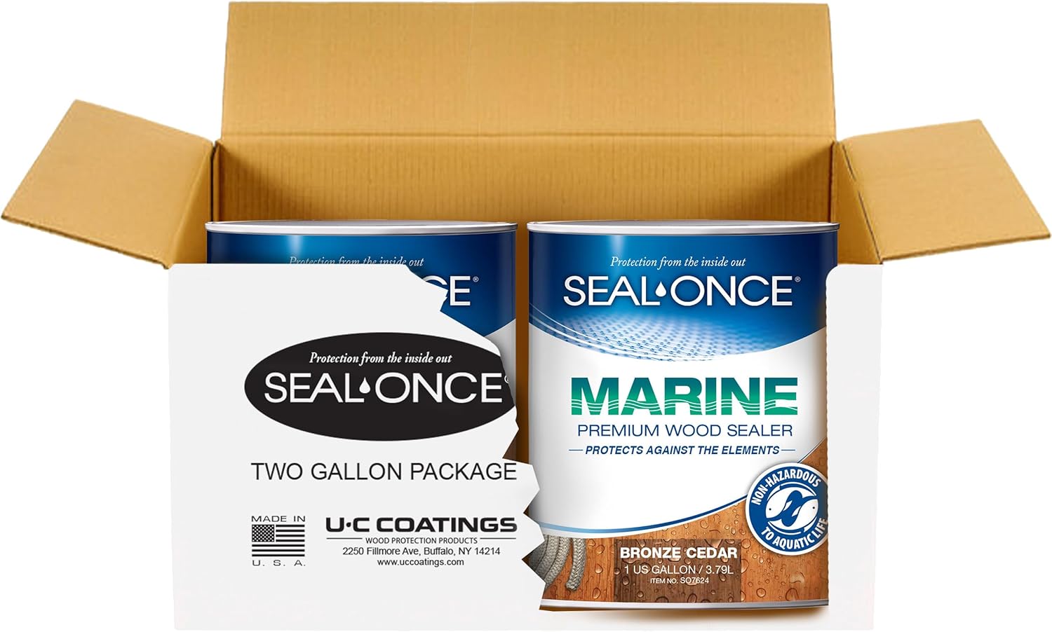 SEAL-ONCE Marine Ready Mix - 2 Gallon Penetrating Wood Sealer Waterproofer & Stain (Bronze Cedar). Water-Based, Ultra-Low VOC Formula for high-Moisture Areas to Protect Wood Docks, Decks & Piers.1