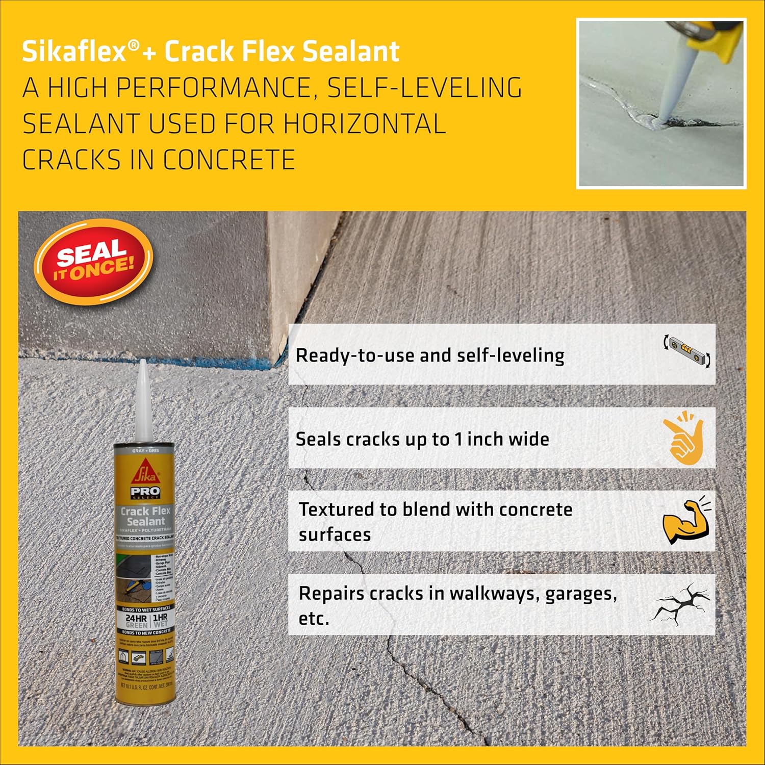 SIKA Sikaflex Crack Flex Sealant - Gray, High-Performance Polyurethane, Self-Leveling, Textured - Waterproof Seal for Horizontal Cracks - 10.1 fl. oz (Pack of 12)-