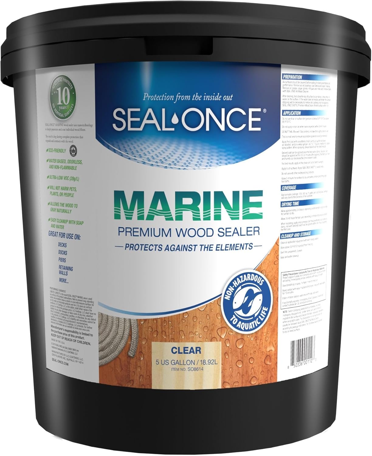 Seal-Once Marine Premium Wood Sealer - Waterproof Sealant - Wood Stain and Sealer in One - 5 Gallon & Clear Seal-Once Marine Premium Wood Sealer - Waterproof Sealant - Wood Stain and Sealer in One - 5 Gallon & Clear