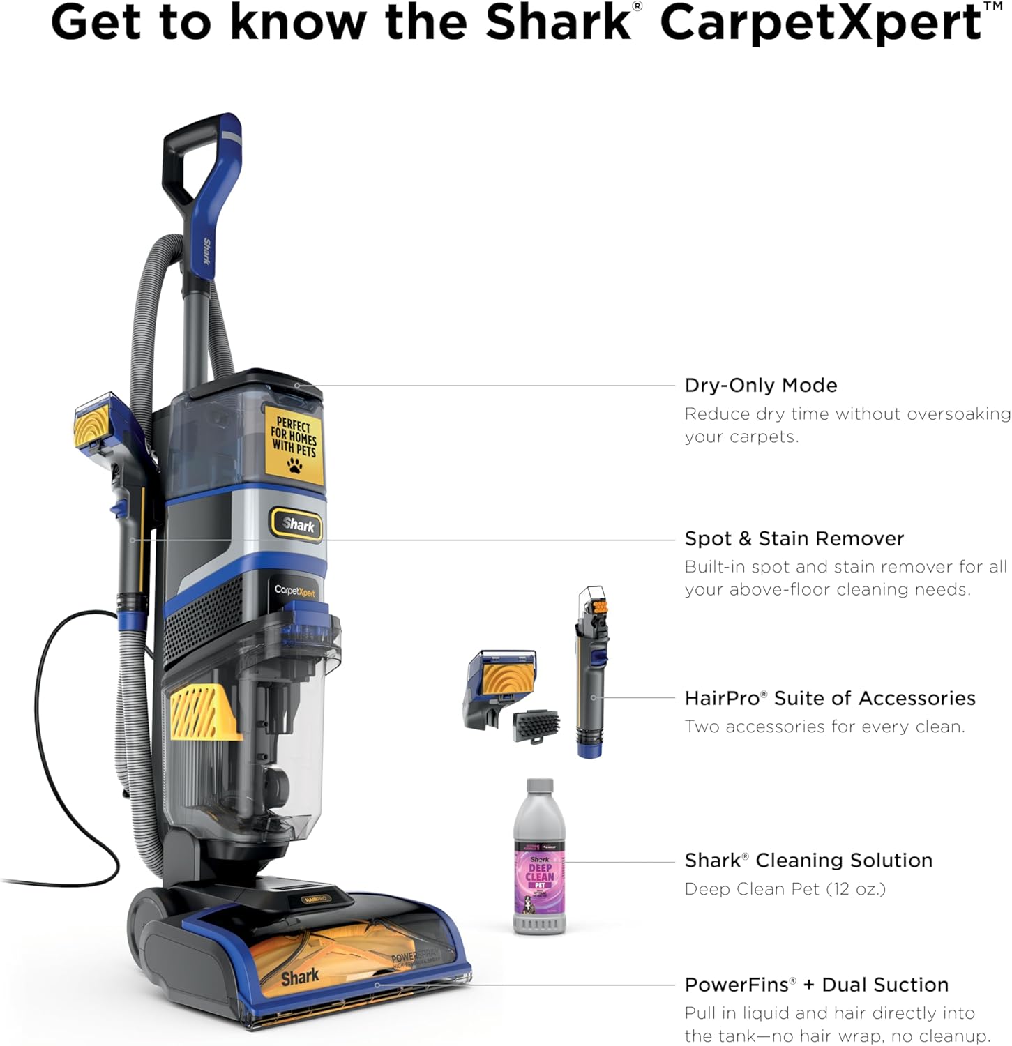 Shark CarpetXpert HairPro Upright Carpet, Area Rug & Upholstery Cleaner with Spot & Stain Remover, Perfect for Pets, Carpet Shampooer, 2 Cleaning Tools, Pet Cleaning Solution, Cobalt, EX251BRN14