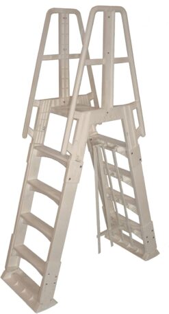 Vinyl Works SLA A-Frame 48-56 Inch Adjustable Above Ground Swimming Pool Ladder Entry System with Slide Lock Barrier and Handrails, Taupe