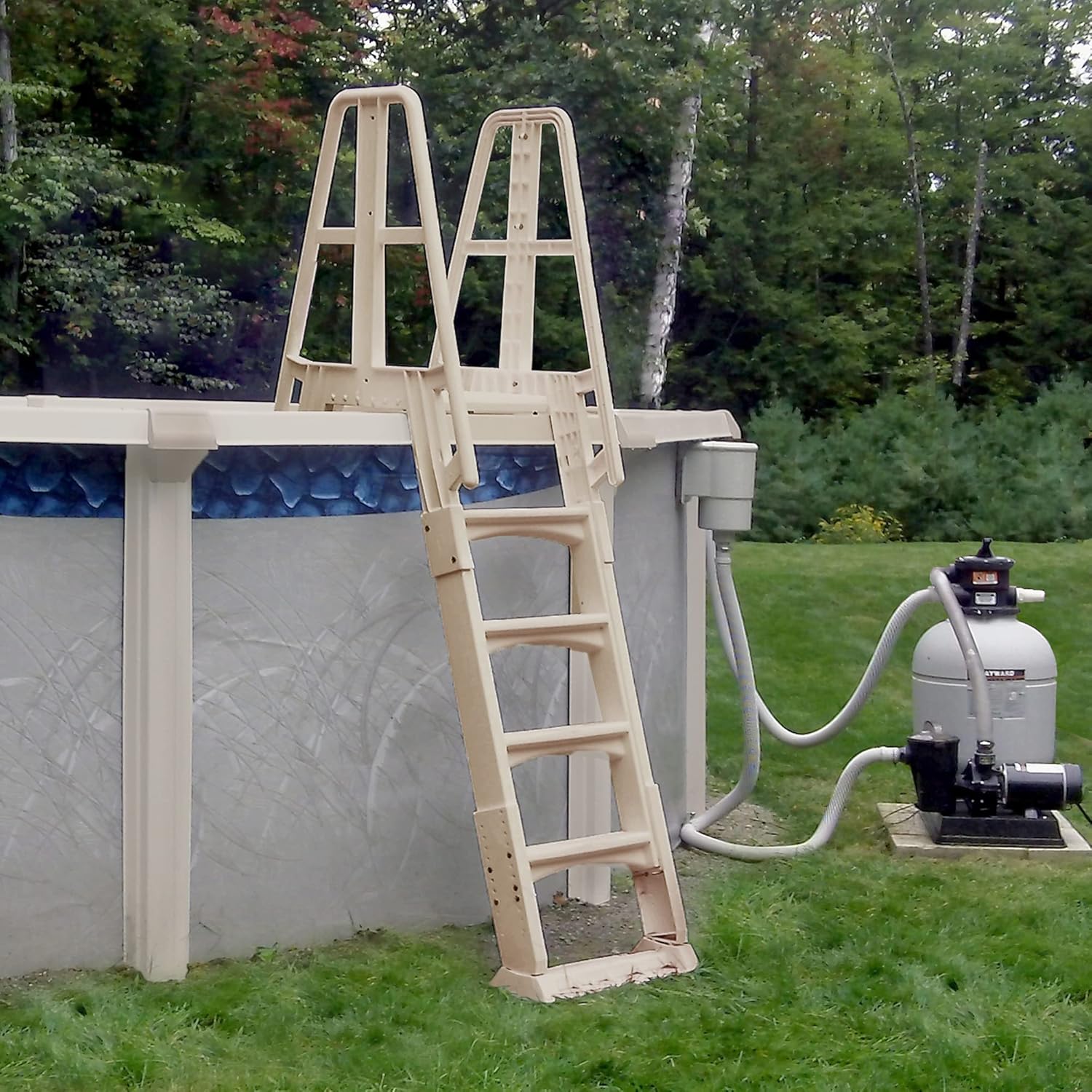 Vinyl Works SLA A-Frame 48-56 Inch Adjustable Above Ground Swimming Pool Ladder Entry System with Slide Lock Barrier and Handrails, Taupe3