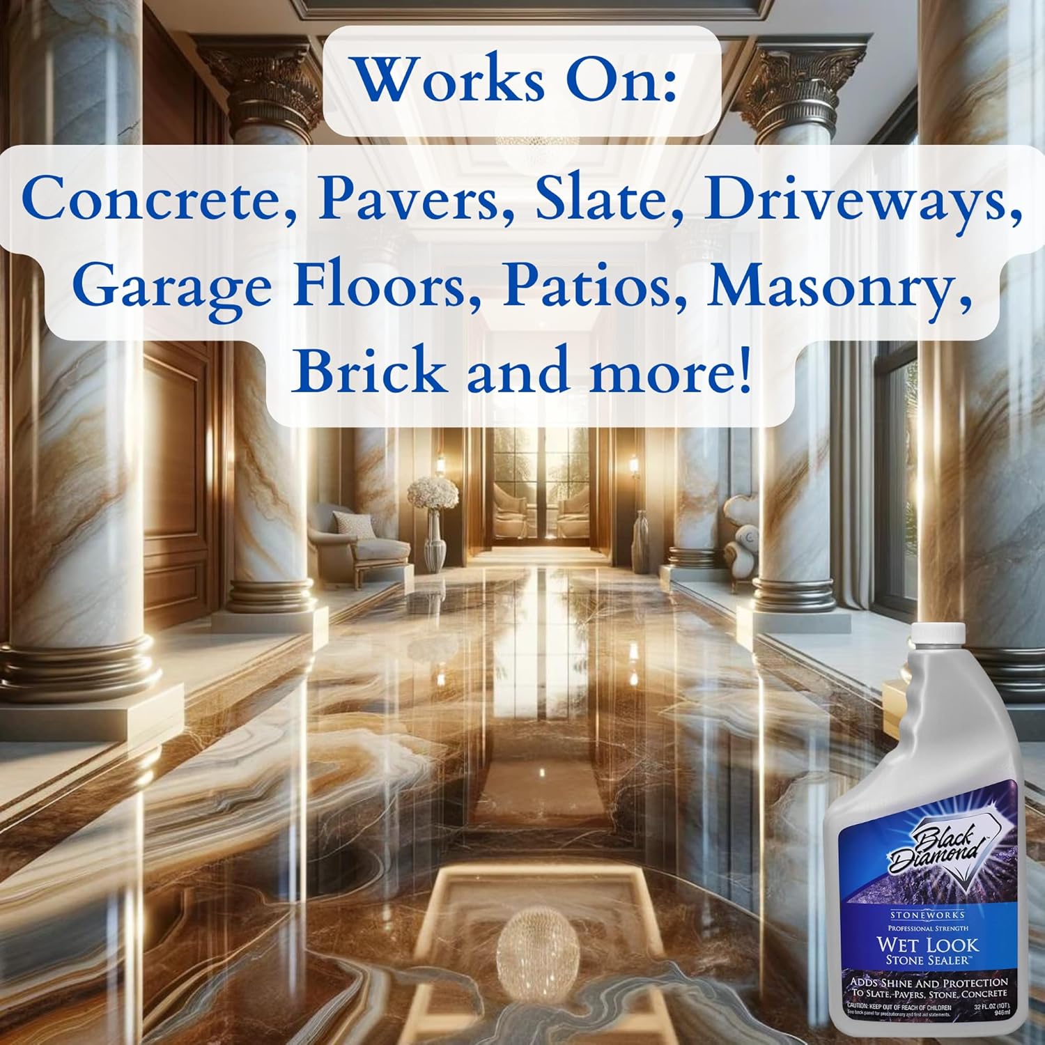 Wet Look Natural Stone Sealer. Durable, Long-Lasting Gloss Protection. Interior and Exterior Pavers, Slate, Sandstone, Travertine, Flagstone, Driveways, Garage Floors, etc. Black Diamond Stoneworks.0