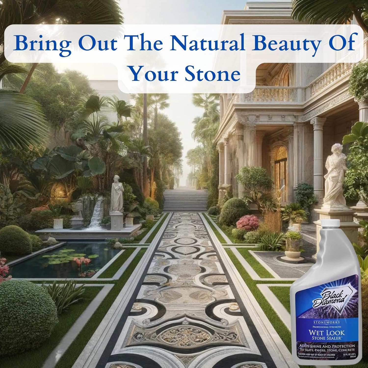 Wet Look Natural Stone Sealer. Durable, Long-Lasting Gloss Protection. Interior and Exterior Pavers, Slate, Sandstone, Travertine, Flagstone, Driveways, Garage Floors, etc. Black Diamond Stoneworks.`1
