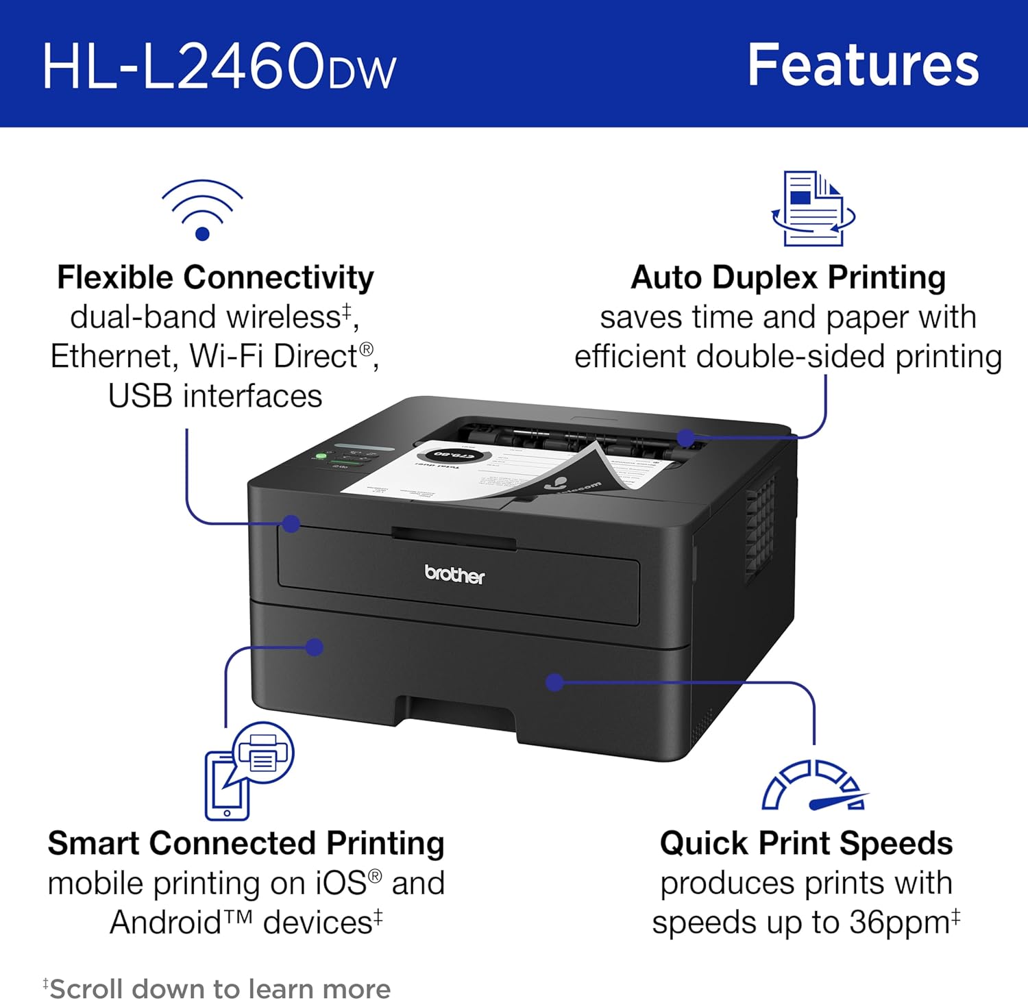 Brother HL-L2460DW Wireless Compact Monochrome Laser Printer with Duplex, Mobile Printing 2