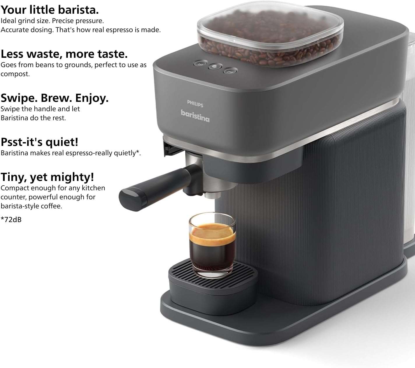 Baristina Espresso Machine, Grind, Tamp & Brew Coffee Beans in One Swipe, Compact 10