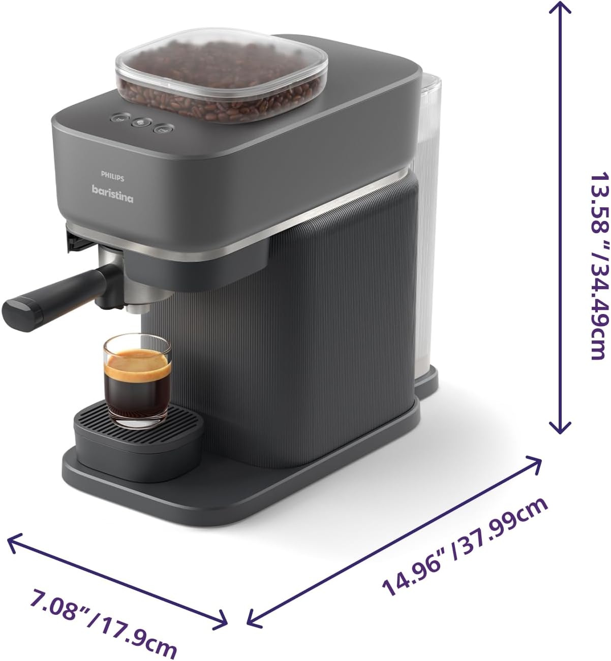 Baristina Espresso Machine, Grind, Tamp & Brew Coffee Beans in One Swipe, Compact 11