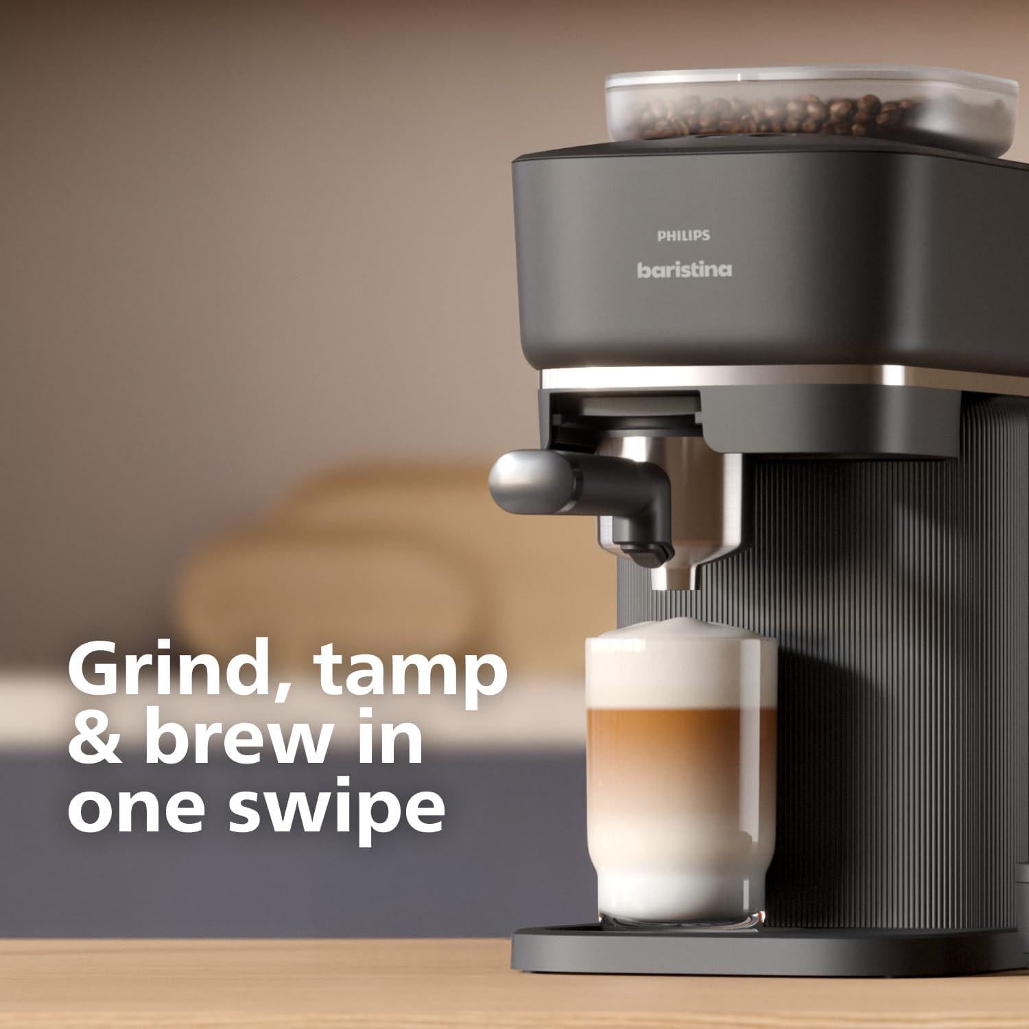 Baristina Espresso Machine, Grind, Tamp & Brew Coffee Beans in One Swipe, Compact 2