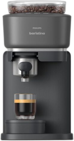 Baristina Espresso Machine, Grind, Tamp & Brew Coffee Beans in One Swipe, Compact