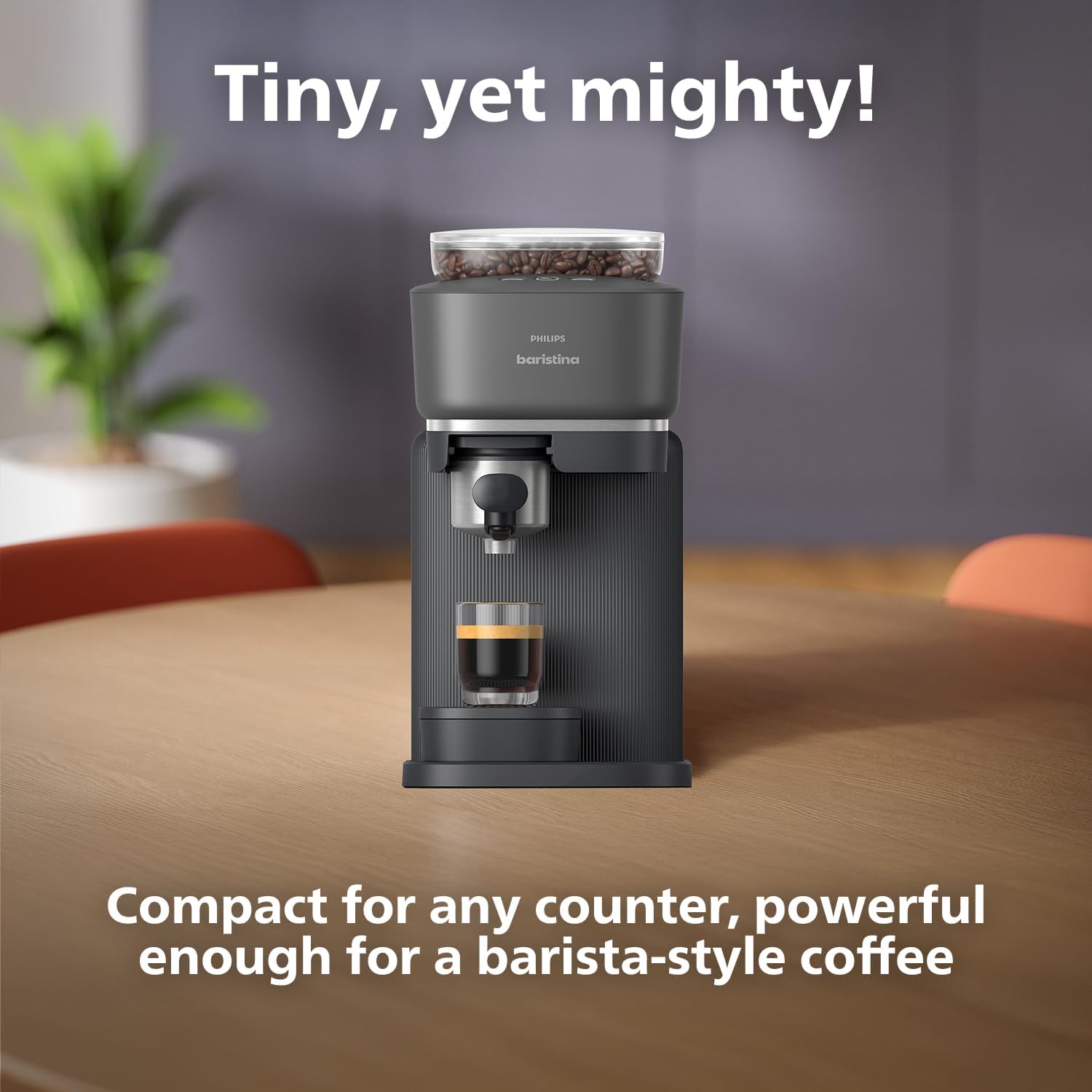 Baristina Espresso Machine, Grind, Tamp & Brew Coffee Beans in One Swipe, Compact 5