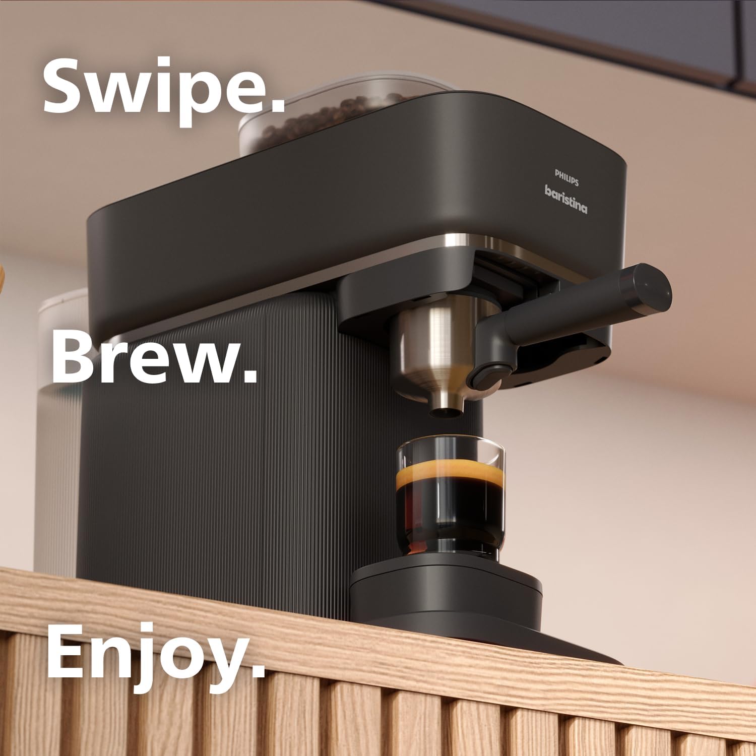 Baristina Espresso Machine, Grind, Tamp & Brew Coffee Beans in One Swipe, Compact 8