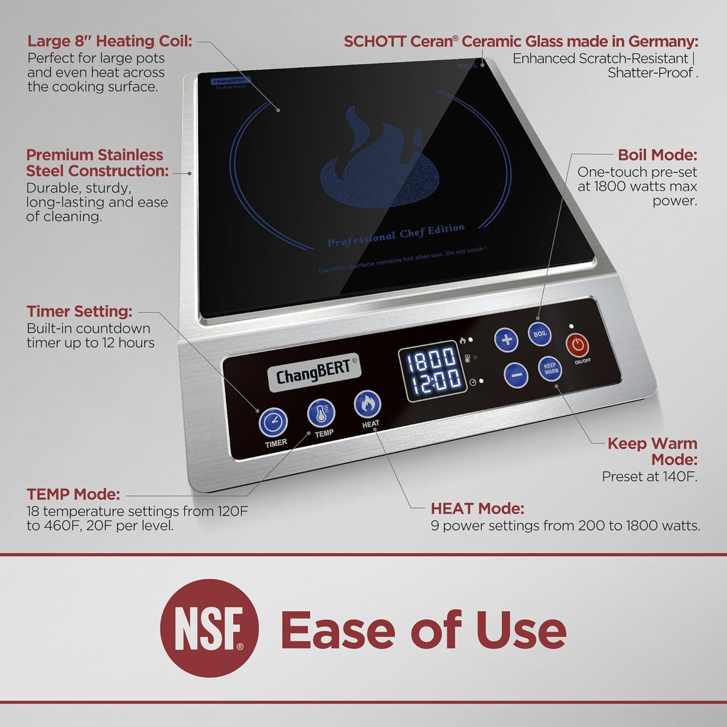 ChangBERT CIB-80 Pro Induction Cooktop NSF Certified Professional Chef Edition Stove, 1800W Commericial Induction Burner 2