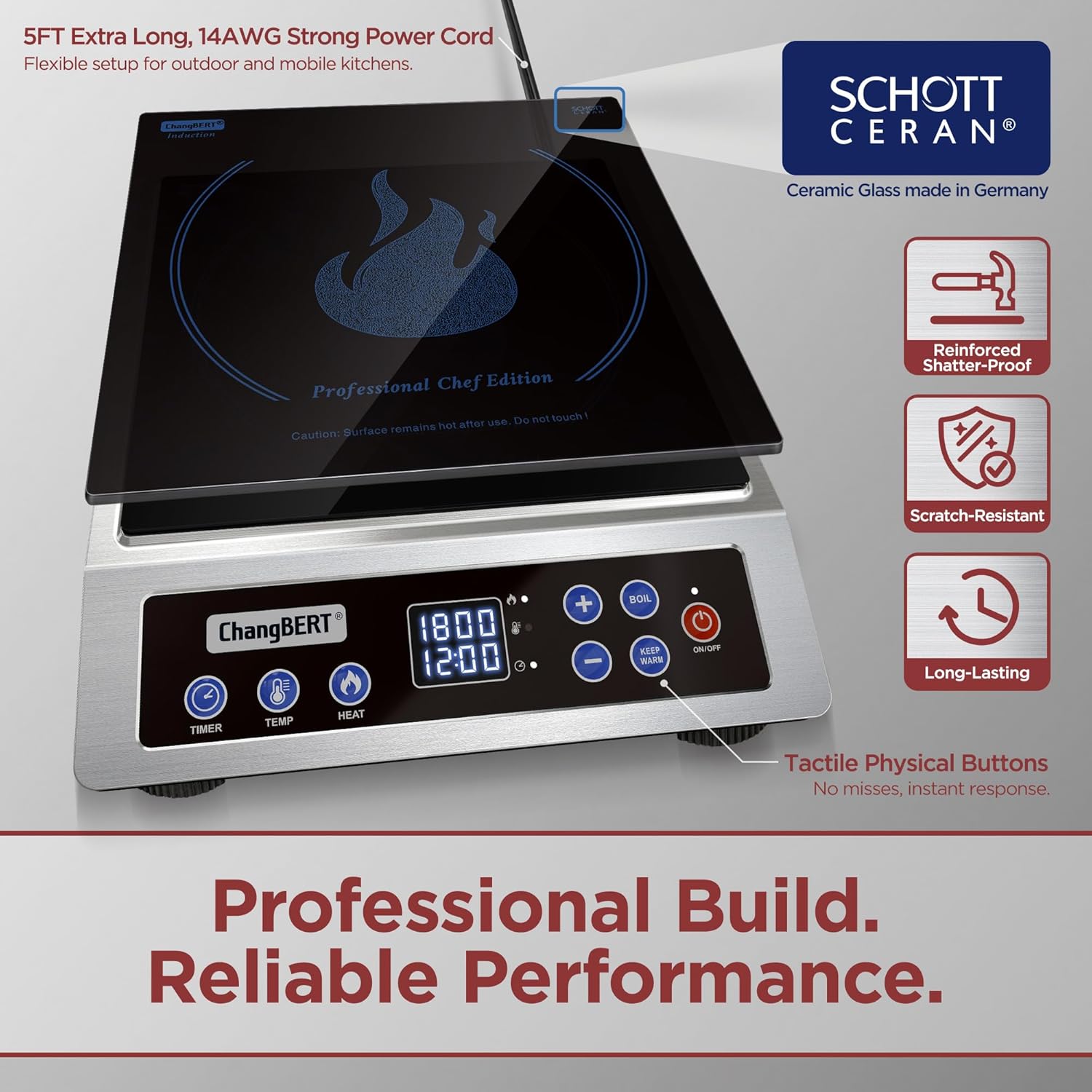 ChangBERT CIB-80 Pro Induction Cooktop NSF Certified Professional Chef Edition Stove, 1800W Commericial Induction Burner 3