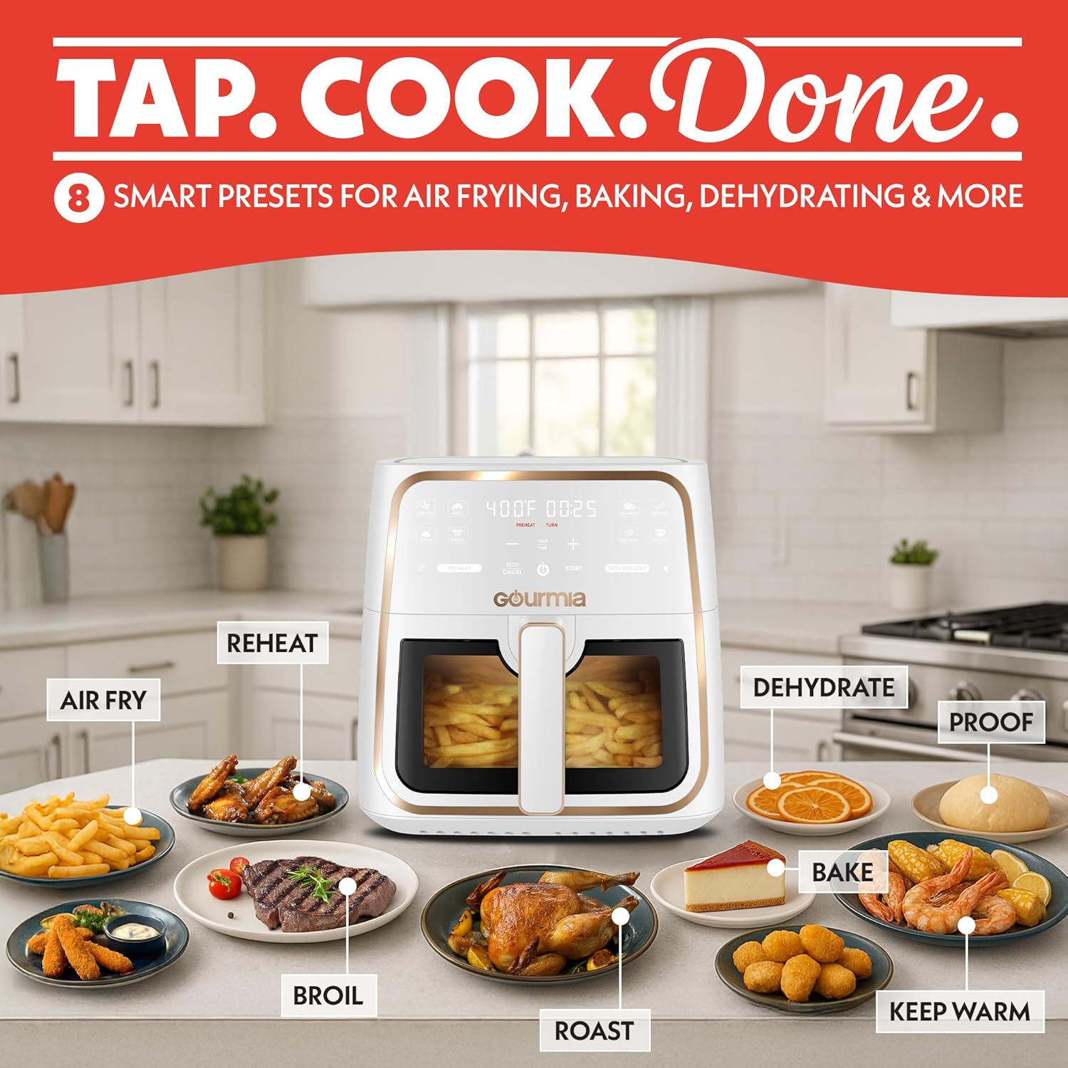 Gourmia 8 Qt Air Fryer, 8 Presets with Digital Display, FryForce 360° Technology, White 1