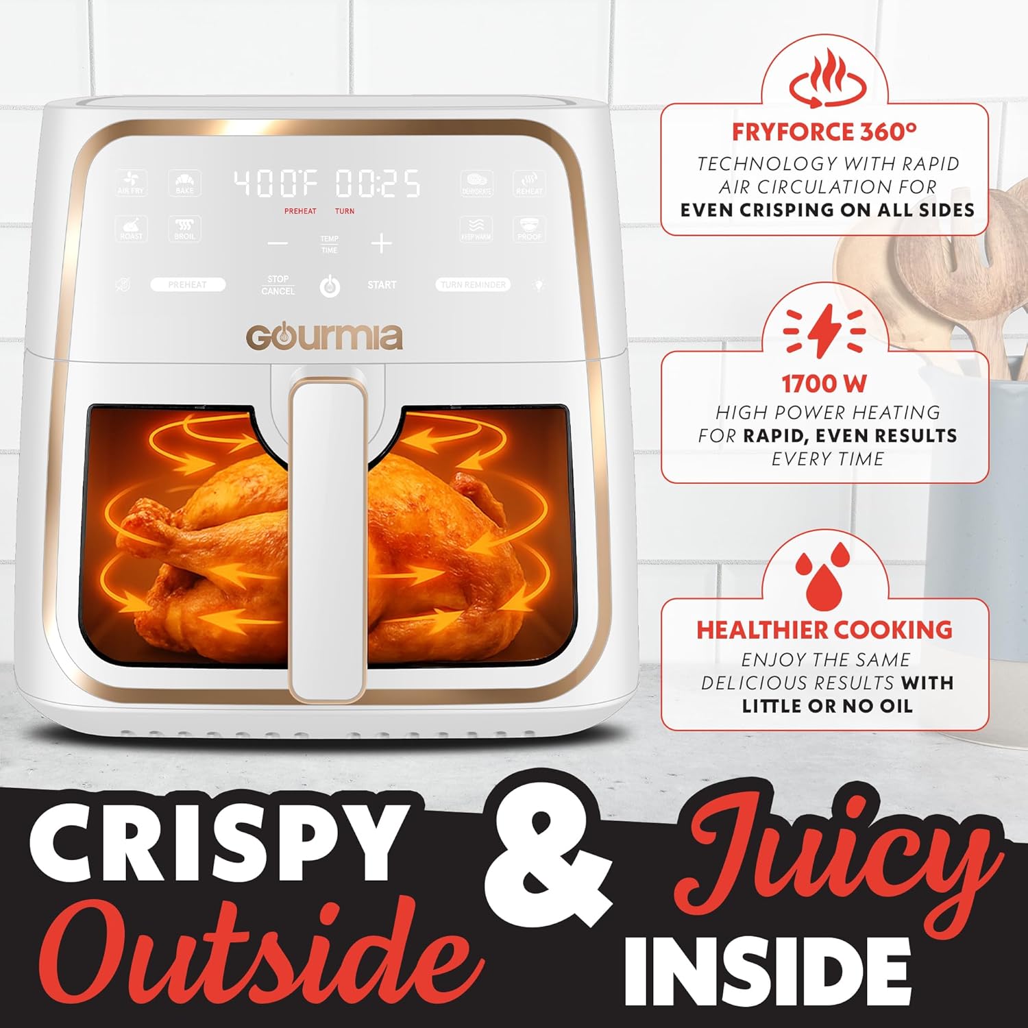 Gourmia 8 Qt Air Fryer, 8 Presets with Digital Display, FryForce 360° Technology, White 3