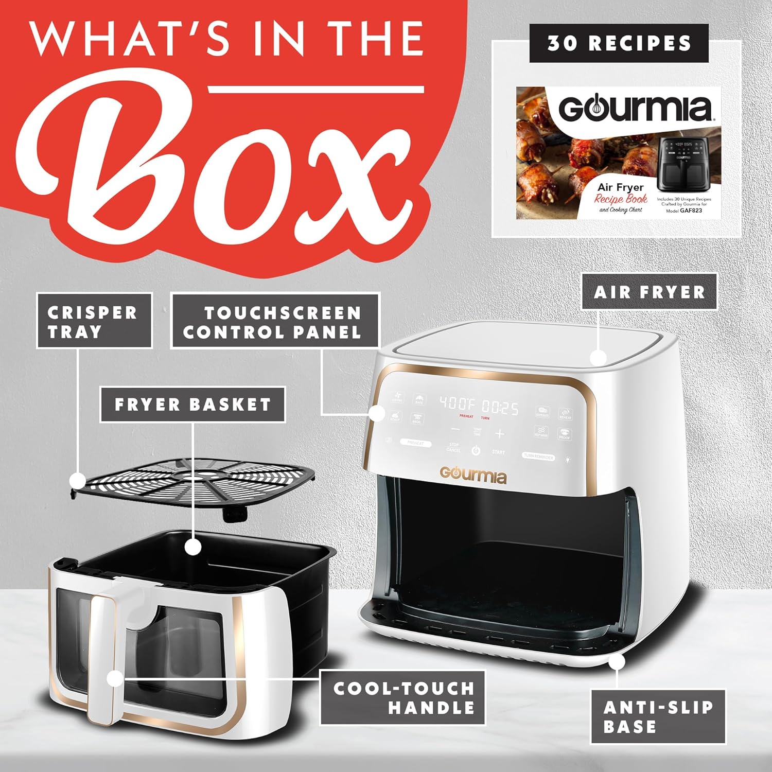 Gourmia 8 Qt Air Fryer, 8 Presets with Digital Display, FryForce 360° Technology, White 55