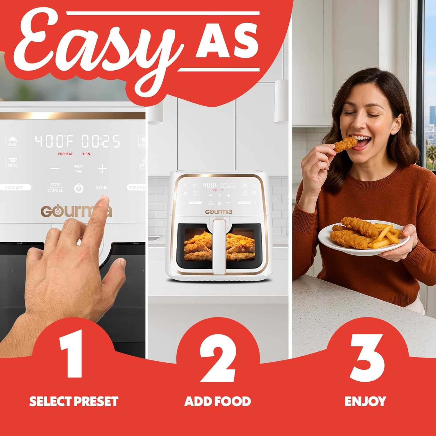 Gourmia 8 Qt Air Fryer, 8 Presets with Digital Display, FryForce 360° Technology, White 8