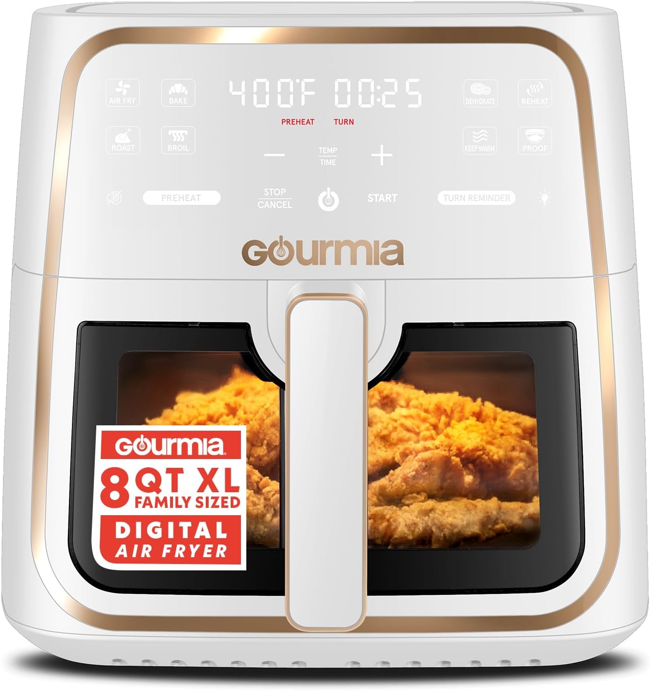 Gourmia 8 Qt Air Fryer, 8 Presets with Digital Display, FryForce 360° Technology, White Gourmia 8 Qt Air Fryer, 8 Presets with Digital Display, FryForce 360° Technology, White