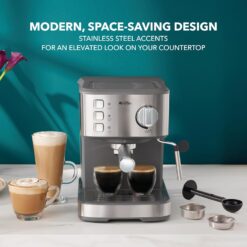 Mr. Coffee 2213533 Compact Espresso Maker, Espresso Machine With Steam Wand, 15-Bar Pump Automatic Espresso Machine