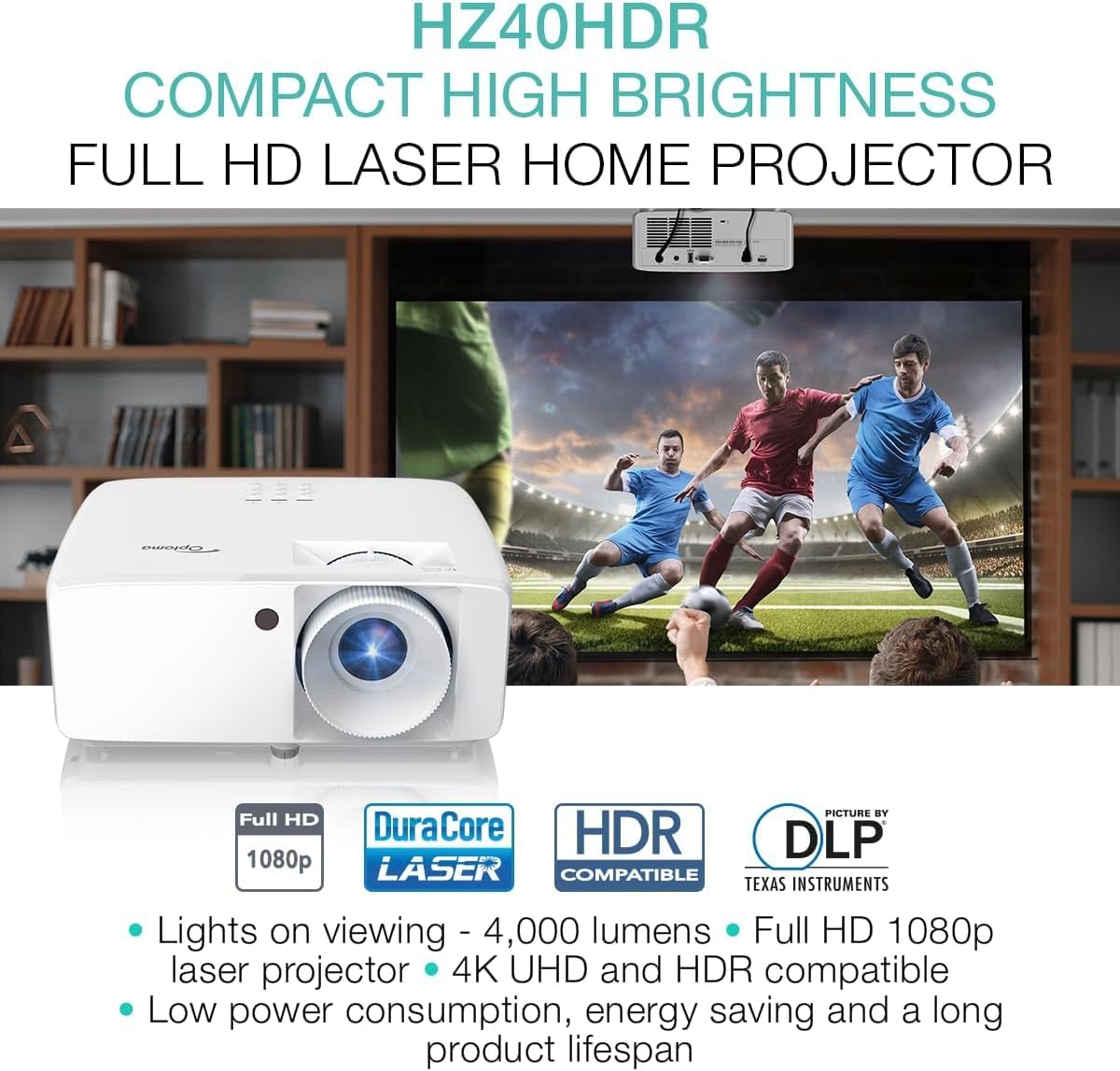 Optoma HZ40HDR HD DLP Theatre and Gaming Projector - White 1