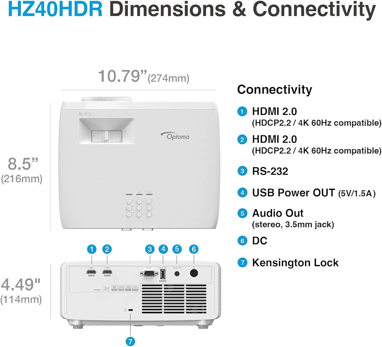 Optoma HZ40HDR HD DLP Theatre and Gaming Projector - White 2