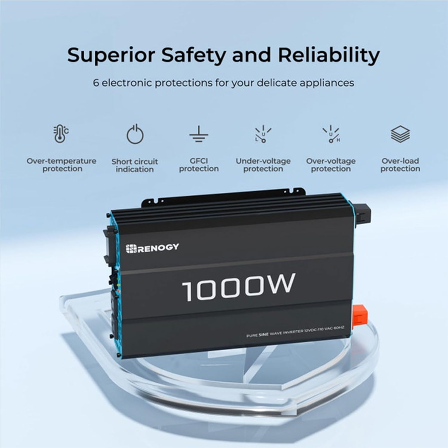 Renogy 1000W Pure Sine Wave Inverter 12V DC to 120V AC Converter for Home, RV, Truck, Off-Grid Solar Power 110V 7