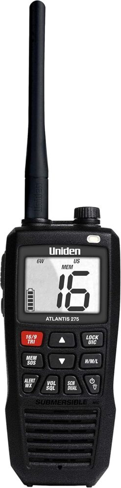 Uniden Atlantis 275 Handheld Two-Way VHF Marine Radio, Floating IPX8 Submersible Waterproof, Large Dual-Color Screen
