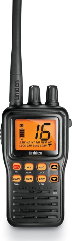 Uniden MHS75 Waterproof Handheld 2-Way VHF Marine radio, Submersible, Selectable 1/2.5/5 Watt Transmit Power