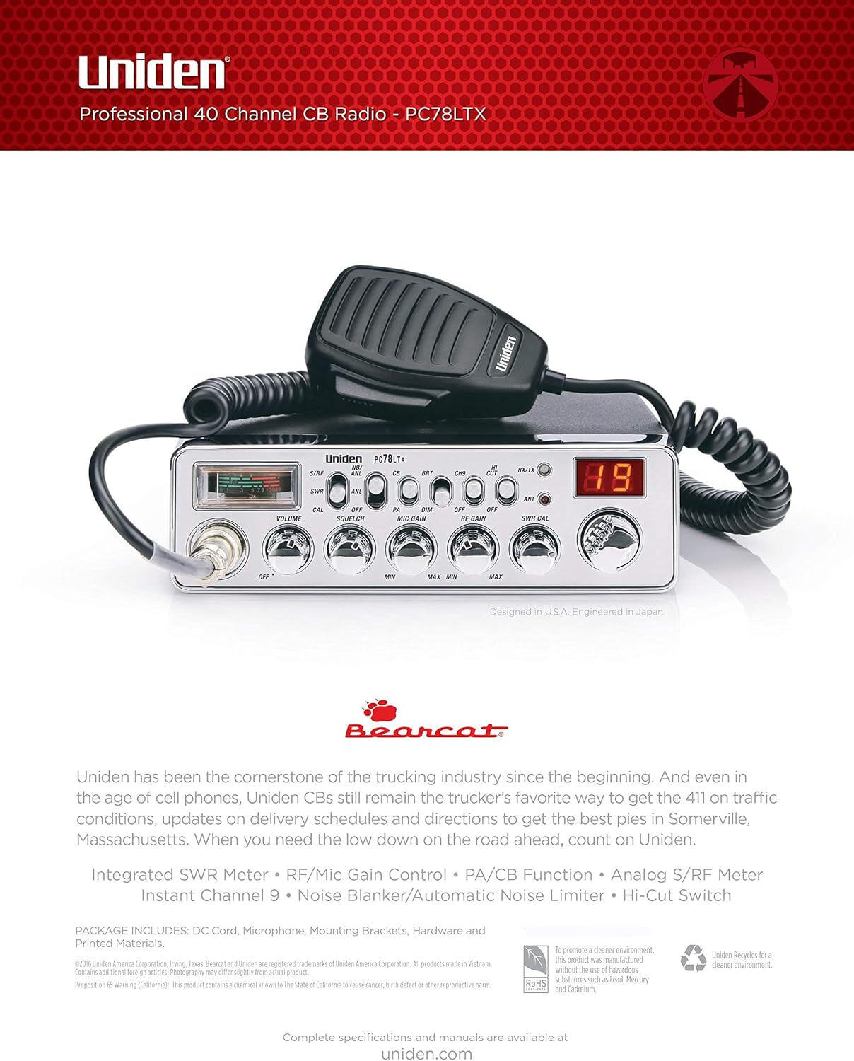 Uniden PC78LTX 40-Channel Trucker's CB Radio with Integrated SWR Meter, PA Function, Hi Cut 1