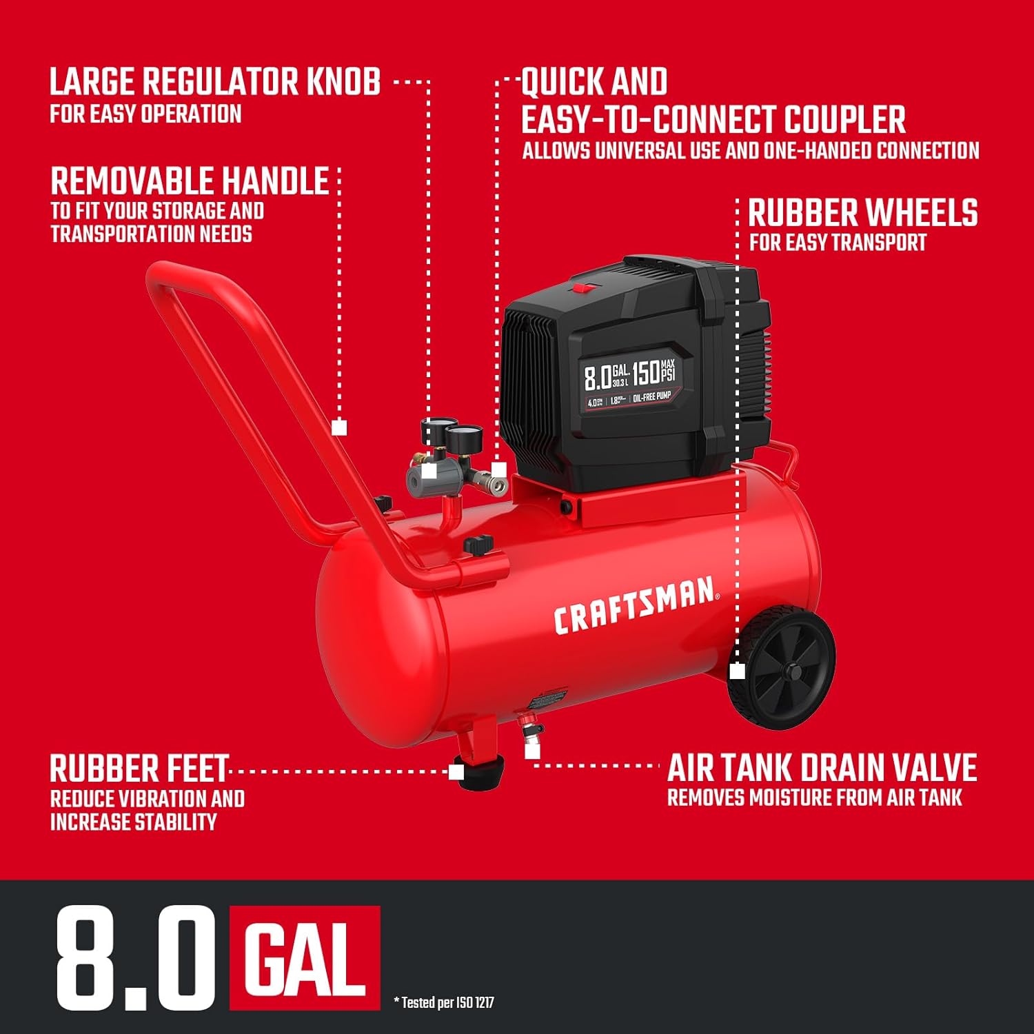 CRAFTSMAN CMXECXA0200842 Air Compressor 8 Gallon Oil-Free 1.8 HP Max 150 PSI Horizontal Tank Portable 1