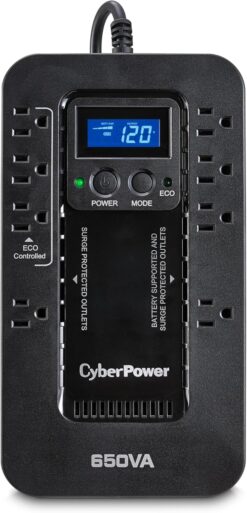 CyberPower EC650LCD Ecologic Battery Backup & Surge Protector UPS System, 650VA/390W, 8 Outlets, ECO Mode