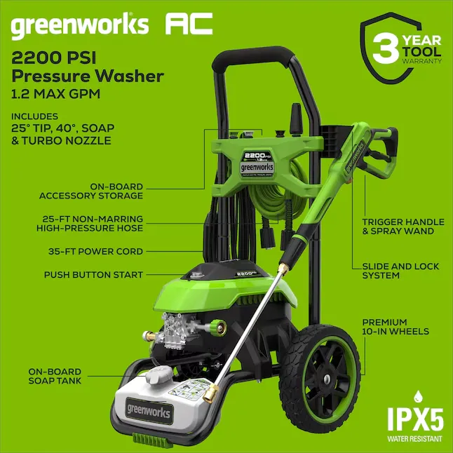 Greenworks GPW2201 2200-PSI 1.2-GPM Cold Water Electric Pressure washer with 4 Spray Tips 2_11zon