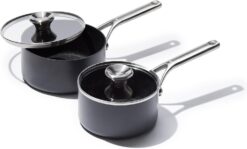OXO CC004746-001 Professional 1.7QT and 2.3QT Saucepan Pot Set with Lids Hard Anodized Ceramic Nonstick Cookware, Black