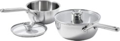 OXO CC006226-001 Mira Tri-Ply Stainless Steel, 1.5QT and 3.57QT Chef's Pan Set with Lids, PFAS-Free, Multi Clad, Silver