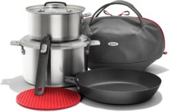 OXO CC008193-002 Outdoor 8 Piece Camping Cookware Set, 10" Pre-Seasoned Carbon Steel Frying Pan Skillet