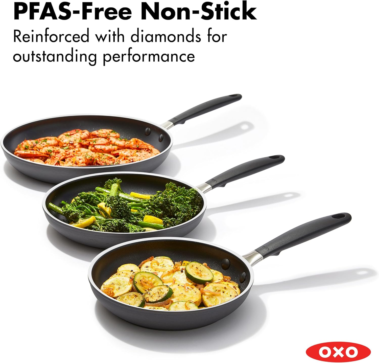 OXO CC010474-001 Non-Stick Every Day Frying Pan Set, BPA-Free Comfort Grip Silicone Handles, Black, 8”, 10” & 12” 1